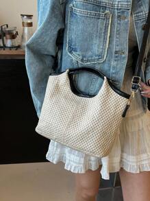 休闲轻便拼色编织单肩手提包，多功能购物袋。时尚编织手提包，设计女士手拿包，晚装包。复古大容量编织沙滩包，度假单肩斜挎包