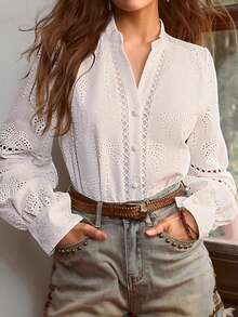 Simplee Women's Spring/Summer New Embroidered Palm Tree Collar Long Sleeve Shirt, Suitable For Commuting And Vacation Wear - White - View 2