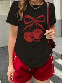 Women's Short Sleeve T-Shirt. Vintage Cherry Monogram,Women's Tops,Suitable For Outdoor Recreation,City Roaming,Hiking,Trekking,Beach Play,Party,Sports,Etc.Vintage Cherry Pattern,Outdoor Sports Pattern,Outdoor Sports Tops,Women's Short Sleeve T-Shirt,Spring And Summer Tops,Women's Tops - Black - View 1