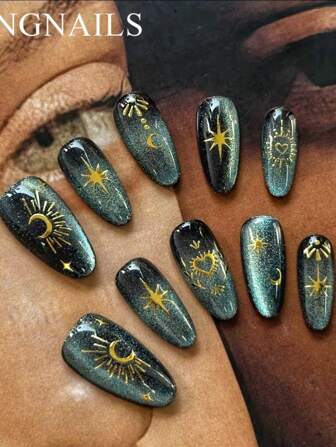 10Pcs/Set Almond-Shaped Starry Sky, Moon & Sun Gold Foil Nail Stickers, Chic & Luxurious Oval Nail Art Decals For Fashionable Women Press On Nails Nail Supplies Nails