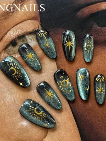 10Pcs/Set Almond-Shaped Starry Sky, Moon & Sun Gold Foil Nail Stickers, Chic & Luxurious Oval Nail Art Decals For Fashionable Women Press On Nails Nail Supplies Nails