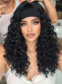 Natural And Realistic High Quality Women's Chemical Fiber Hairband Wig Black 20-Inch Long Curly Hair Hairband Wig Synthetic Heat Resistant Fiber Material Suitable For Holiday Travel Family Party Role Play Daily Wear - Black - View 1