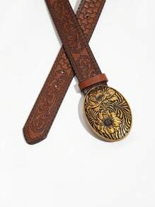 1 条古铜色圆盘扣复古棕色图案 PU 腰带 夏季、秋季、万圣节 - 古銅色花朵扣 - 查看 5