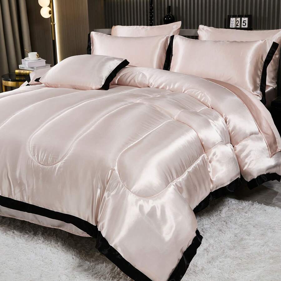 Juego de cama de satén rosa intenso en una bolsa, 8 piezas, tamaño Queen, juego de edredón de rayas lisas, juego de ropa de cama de lujo y sedoso, juego de edredón suave y liviano, cama refrescante en una bolsa - Rosa Pálido - Ver 1