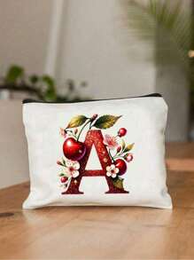 Witte make-uptas van polyestervezel, kleine witte tas, glanzend gouden kersenrode letters A-Z bedrukt patroon, make-uptas, draagbare toilettas, Moederdagcadeau, perfect cadeau voor moeders, herbruikbare make-uptas, eenvoudige grote capaciteit reismake-uptas voor vrouwen, oortelefoon, datakabel, accessoire-opslag, muntzak, multifunctioneel draagbaar cadeau voor vrouwen