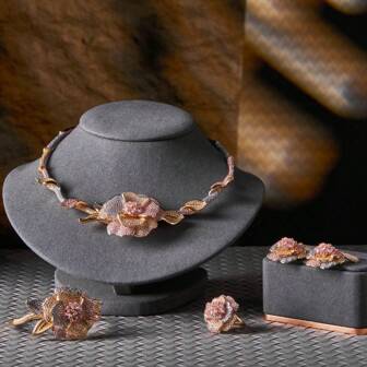 dazzdelic 4 件/套方晶锆石意大利制作三色电镀 3D 花叶玫瑰项链耳环手链开口戒指套装，女士派对装，斋月礼物