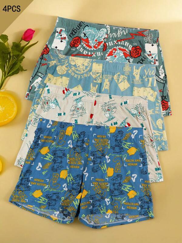 4pcs Men's Printed Boxer Briefs, Comfortable Breathable Sleepwear Loungewear Home Shorts, Fashion Casual Boxer Trunks