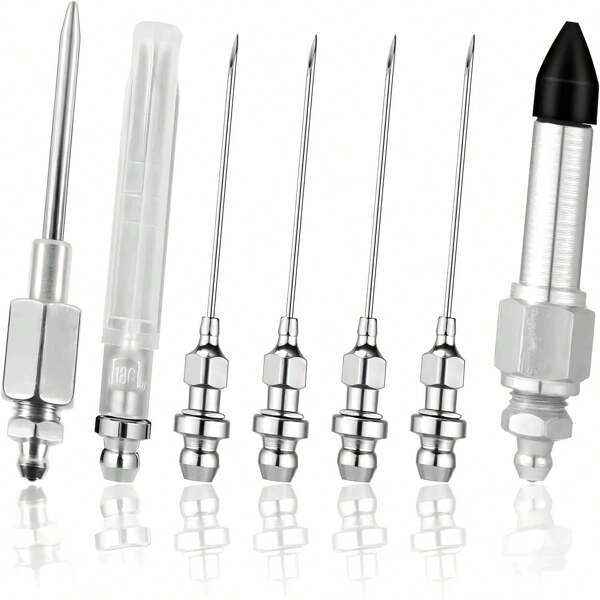 7pcs Grease Gun Needle Accessory Set, Including 5 Grease Needle Nozzles 1 Grease Needle Dispenser 1 Rubber Nipple Adapter Grease Injector Narrow Tight Spaces Needle Point Tip Fitting Tool Coupler