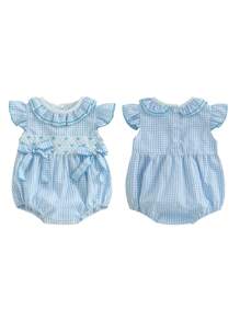 Baby Girls Plaid Bow Embroidery Romper - Ruffled Sleeveless Jumpsuit For Infants - Blue - View 4