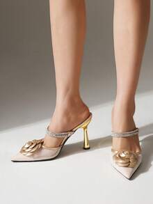 Zapatos de mujer de tacón alto con puntera puntiaguda, estilo de pierna larga con tacón de aguja y pedrería - Dorado - Ver 3