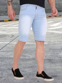 Bermuda Jeans Shorts Color Dark Black Medium Light Men's High Quality With Elastane Sport Factory Store - 淺色水洗藍 - 查看 2