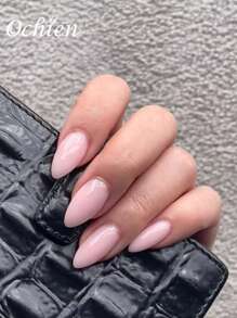 24 件短款杏仁形纯粉色按压式指甲套装，包括 1 件果冻凝胶和 1 件指甲锉，适合情人节