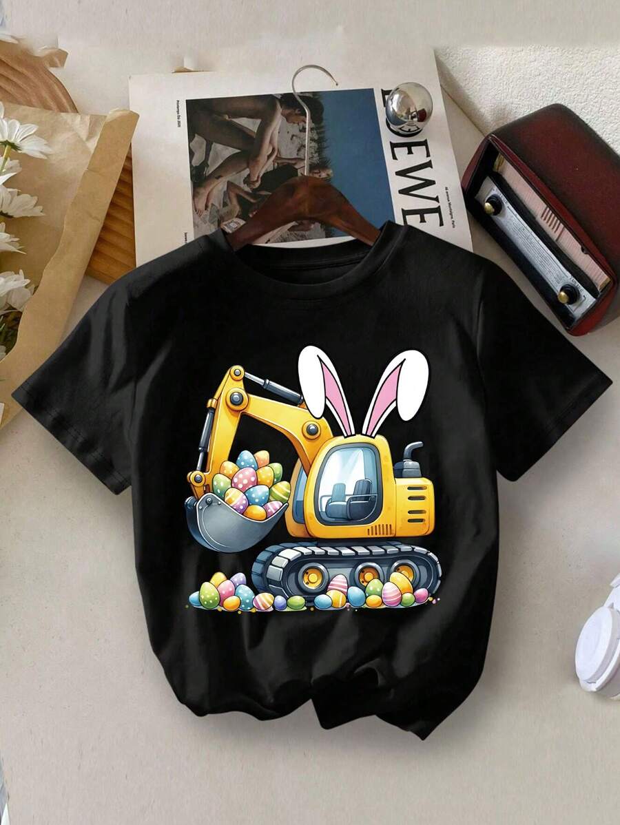 Young Boy's HAPPY EASTER Cartoon Rabbit And Easter Egg Print Round Neck Short Sleeve Tee Spring And Summer Casual T Shirt For Kids