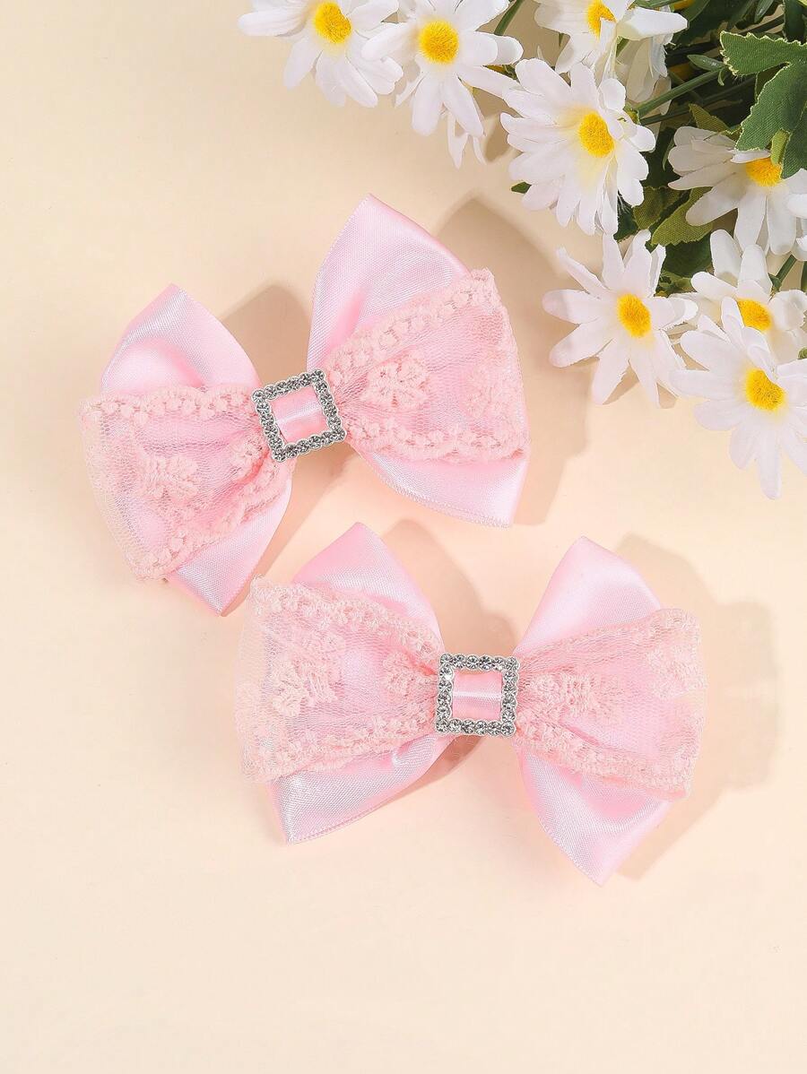 2 piezas Clips para el cabello con decoración de diamantes y lazo para niñas, clips de lazo de cinta de gróngrain y encaje para mujer, elegantes pinzas tipo cocodrilo para accesorios diarios para el cabello