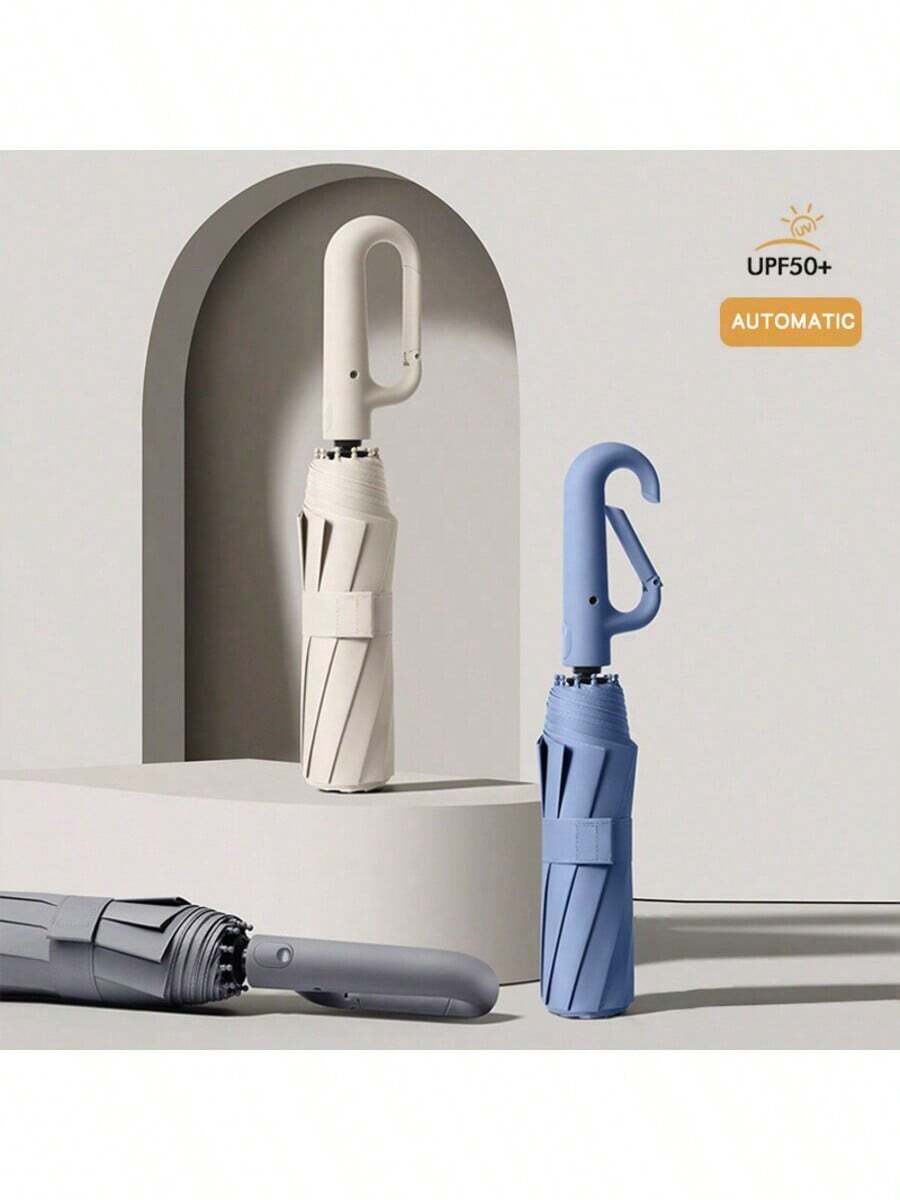 1 pezzo Ombrello automatico pieghevole con manico a gancio, ombrello da viaggio portatile, impermeabile e con protezione UV, adatto per giornate soleggiate e piovose, rinfrescante per l'estate, spiaggia, viaggi