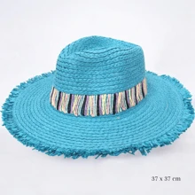 Culoare uni, dungi contrastante, dungi multicolore, casual boem, palarie de soare din paie, lucrata manual, palarie de plaja cu protectie UV, primavara vara toamna - Albastru - Vizualizare 4