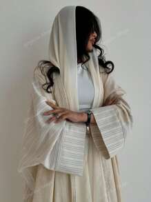 1pc Fashionable Minimalist Contrast Color Block Sleeve Hem Solid Color Robe, Long Robe Abaya Suit For Daily, Festivals