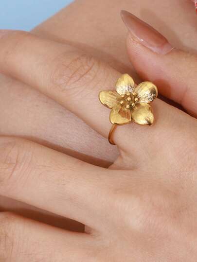 Uworld 1 Adet Zarif Günlük Kadın Çiçek Tasarım Açık Yüzük 18K Altın Kaplama Paslanmaz Çelik Yüzük Günlük Giyim Tatil Festival Parti Vb. İçin Uygundur