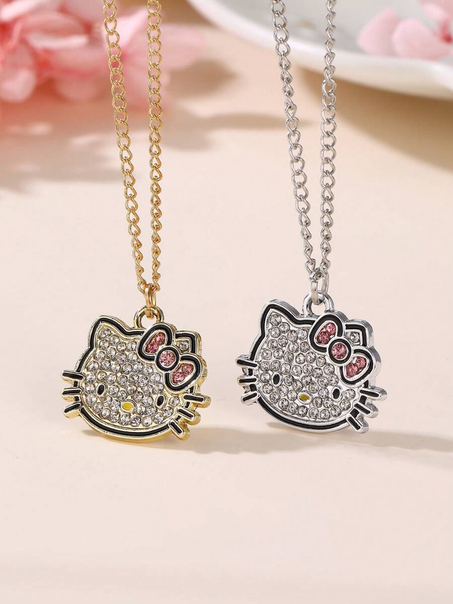2件套三丽鸥猫脸吊坠项链，情侣/闺蜜饰品 - 彩色 - 查看 1