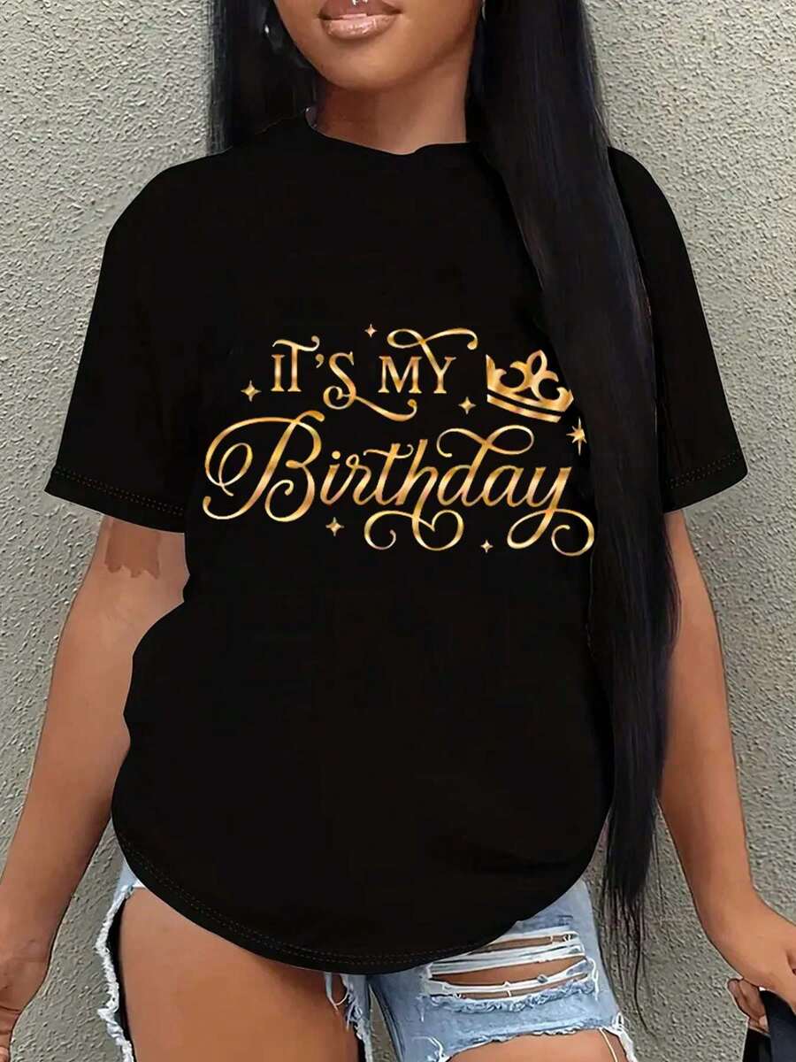 Popular Classic Birthday T-Shirts - Cartoon Cute Classic Bow Crew Neck Printed Short Sleeve, Heart, Birthday Crown Pattern Print T-Shirts, Regular Length, Spring/Summer/Fall Fashion Top, Women's Tees For Daily Wear - Black - View 1