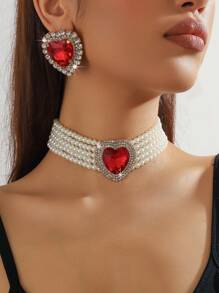 1入組高級時尚女士幾何心形粉紅色和玫瑰紅色水晶鑽石項鍊和1對心形粉紅色和玫瑰紅色水晶鑽石耳環，適合雞尾酒裙或日常穿著，兩件套 - 仿珍珠愛心水晶兩件套裝 - 查看 12