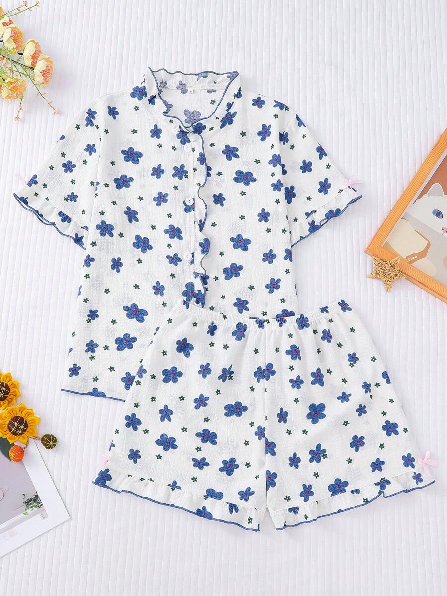 Fashion Women Short Sleeve & Shorts Sleepwear Set, Plaid Bear & Ruffle Trim, Fresh & Cozy Summer Loungewear