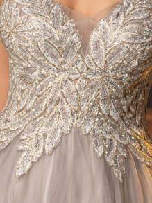 Contrast Lace Mesh Cami Prom & Evening Dresses Sparkly Lace Prom Dresses With Embroidered Spaghetti Strap Homecoming Dresses For Teens Rhinestone Lace Applique A Line Formal Evening Dresses Floor Length Mesh Ball Gown For Party Zipper Back, For Wedding Guest