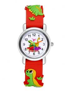 Reloj de cuarzo con correa de silicona con diseño de dinosaurio lindo y de dibujos animados para niños - Rojo - Ver 3