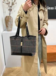 Contrast Binding Shoulder Tote Bag Casual Double Handle For Work School Bag For Graduate, Teen Girls, Freshman, Sophomore, Junior & Senior In College, University & High School, Perfect For Outdoors ,Travel & Back To School