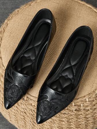 WHDXY 1 par platta broderade skor för kvinnor, bekväma arbetsskor i läder som kan glidas på med mjuk sula, halkfria lämpade för kontor, proffs, pendling