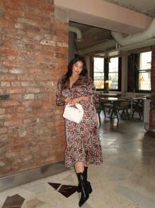 Retro Abstract-Floral Fixed Wrap Midaxi-Dress - Brown - View 5