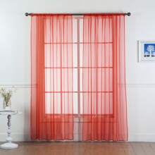 Set Of Two (2) Sheer Window Curtains Panels With Rod Pocket Drape Set Multiple Lengths (63", 84", 95", 108", 120" L) Solid Colors - Red - View 1
