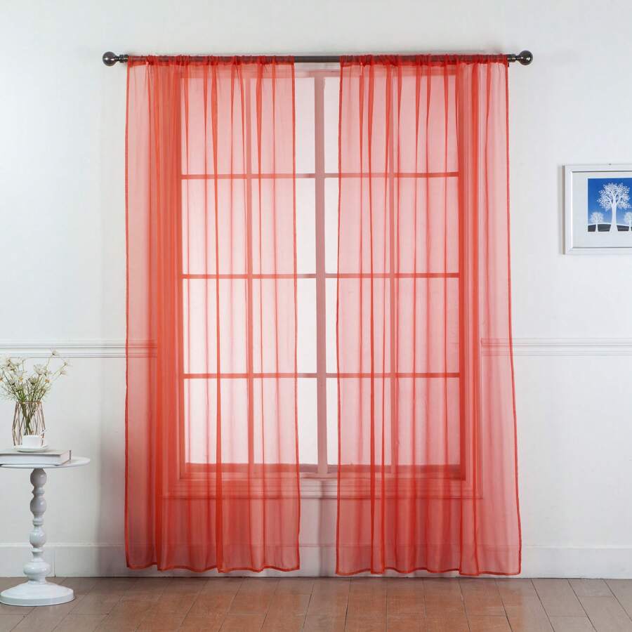 Set Of Two (2) Sheer Window Curtains Panels With Rod Pocket Drape Set Multiple Lengths (63", 84", 95", 108", 120" L) Solid Colors - Red - View 1