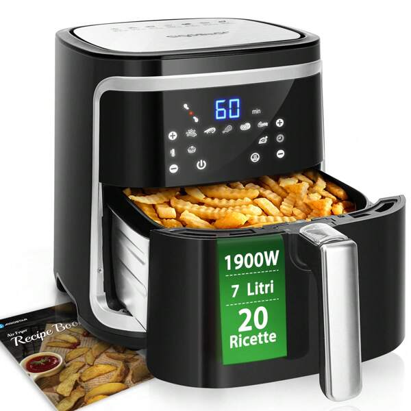 Aigostar Friggitrice ad Aria 7-in-1, 1900W, 7L, Pannello touch a led, 7 Scelte già programmate, Forno, Arrostire, Cestello removibile anti aderente, Mantenimento calore, 20- Ricette