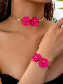 2pcs/Set Magenta Flower Bracelet & Necklace Jewelry Set, Elegant Style For Office & Daily, Versatile - Hot Pink - View 1
