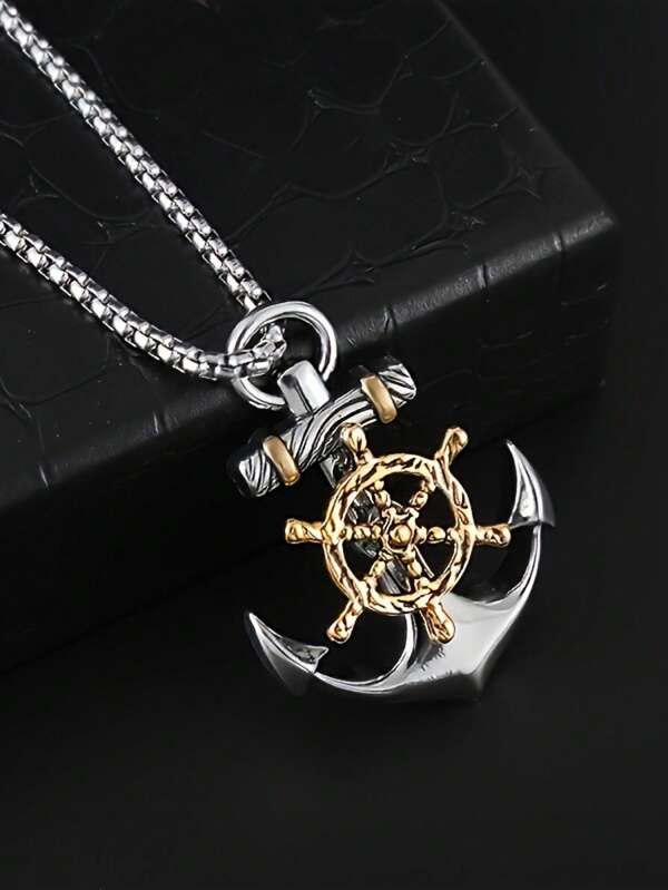 SeuSuk 1pc Men's Pirate Anchor Shield Pendant Necklace - Alloy Hiphop Sailor Punk Fashion Party Jewelry Accessory