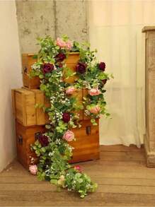1pc 5.9FT Artificial Eucalyptus Vine Fake Rose Flowers Gypsophila Garland For Wedding Home Craft Art Table Runner Decor - 紅色 - 查看 5
