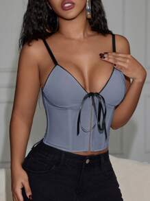 Y2K Grommet Eyelet V Neck Trim Contrasting Ribbon Bowknot Front Overbust Boned Corset Bustier Shapewear Crop Cami Top Music Festival - 灰色 - 查看 6