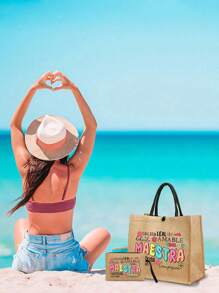 Túi tote và túi đựng mỹ phẩm bằng vải lanh họa tiết chữ cái Maestra, túi quà tặng Ngày Nhà giáo, ví đựng tiền xu có quai dây thừng, quà tặng Ngày Nhà giáo, túi mua sắm xách tay, túi đựng đồ gấp gọn nhẹ, túi mua sắm tối giản, túi quà tặng cho y tá, bác sĩ, quà tri ân thầy cô. - Màu Khaki - Xem 7