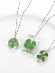 Collar con colgante de trébol de la suerte para mujer, collar cuadrado de resina de vidrio redondo para el día de San Patricio, joyería de plantas de amor y suerte