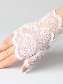 1 Pair Lace Gloves, Summer Casual Women Driving Sunscreen Half Finger Scar Cover Short Sailor Dance Performance Rose Elegant Polyester Embroidery Gloves, Suitable For Beach, Outing, Sports, Evening, Party, Wedding, Office, Holiday, Birthday, Family, Mature Stage Performance, Single Party, Social Events, Spring, Summer, Autumn, Winter - White - View 5