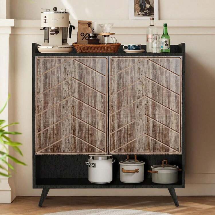 Aparador con buffet con 2 puertas, gabinete de almacenamiento con estantes ajustables para la cocina, el pasillo, la entrada, la sala de estar, color marrón - Albaricoque - Añade 1