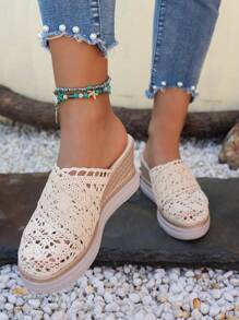 Estate nuova moda Abito beige con design forato traspirante versatile, Casual sandali da spiaggia a punta tonda in rete, Eleganti zeppe in colore solido vintage romantiche con plateau alto e impermeabili, Sandali da donna con suola spessa
