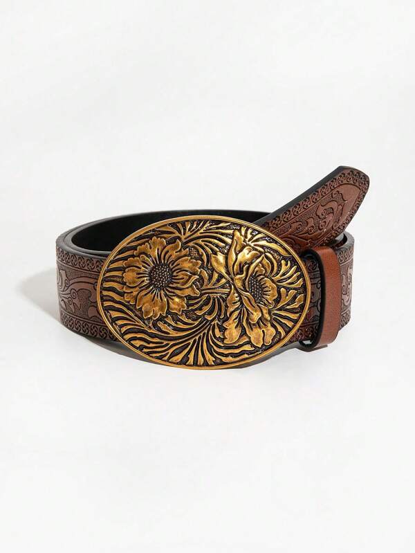 1 Stück antike Bronze Scheibenschnalle mit retro braunem Muster PU Gürtel, geeignet für Sommer, Schule, Herbst, Halloween