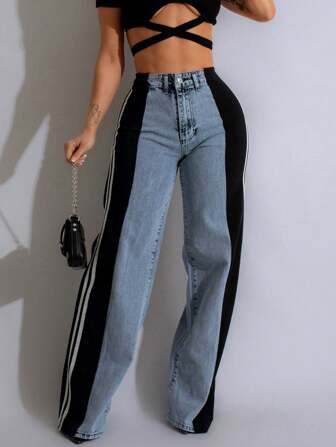 Women's Fashion Striped Patchwork Wide Leg Pants, New Style Casual High Waist Elastic Straight Trousers