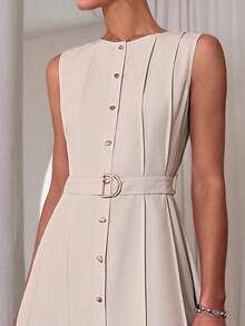 Sollinarry Women's Autumn New Simple Solid Color Sleeveless Waist Cinched Long Dress, Vintage Style, Suitable For Office Wear, Teacher Attire - Apricot - View 4
