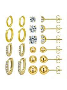 Juego de 10 pares de pendientes de acero inoxidable para múltiples perforaciones, ligeros, pequeños aros Huggie, pendientes de circonita cúbica para mujer, pendientes hipoalergénicos para el cartílago