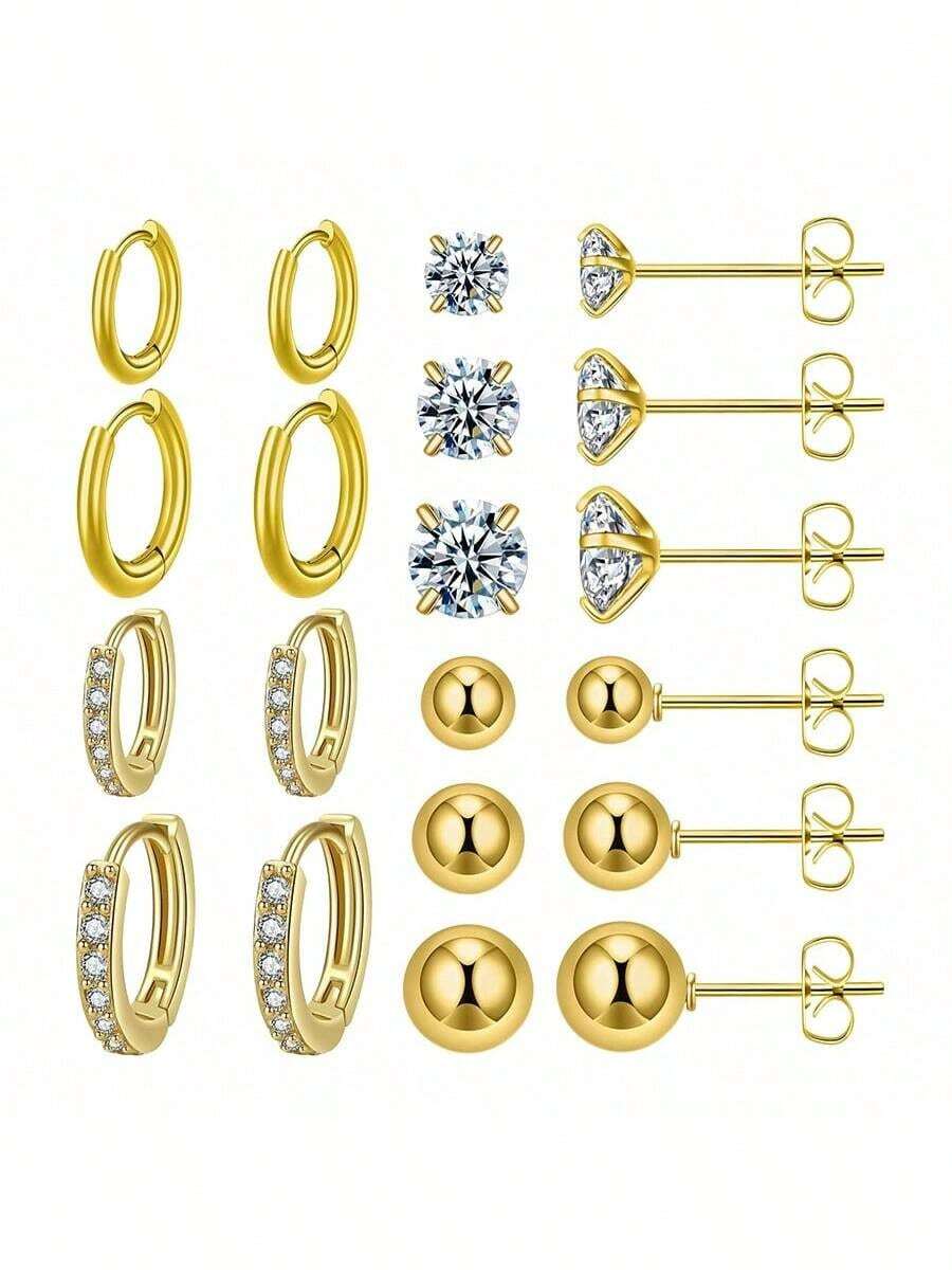 Juego de 10 pares de pendientes de acero inoxidable para múltiples perforaciones, ligeros, pequeños aros Huggie, pendientes de circonita cúbica para mujer, pendientes hipoalergénicos para el cartílago