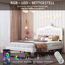 Creahappy Lit rembourré - double - avec éclairage LED - 2 tiroirs et tête de lit réglable - Cadre de lit avec lattes en bois - Convient aux lits adultes et adolescents - Blanc - 140x200 cm