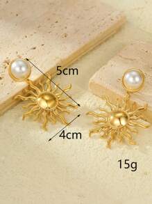 2 piezas de pendientes colgantes de acero inoxidable con forma de sol dorado y perla incrustada